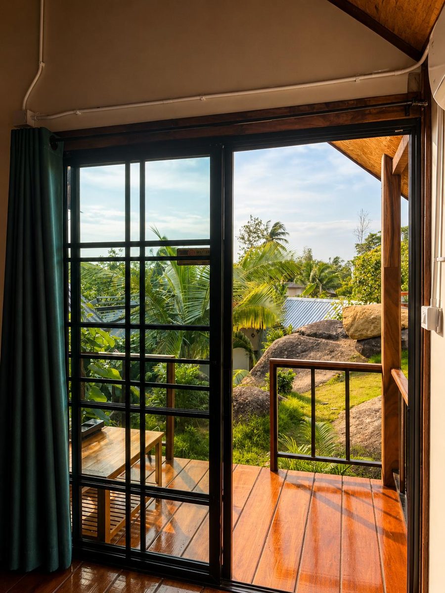 View from the room through the glass door to the jungle