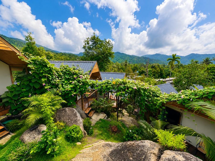 Green garden and hills under a blue sky