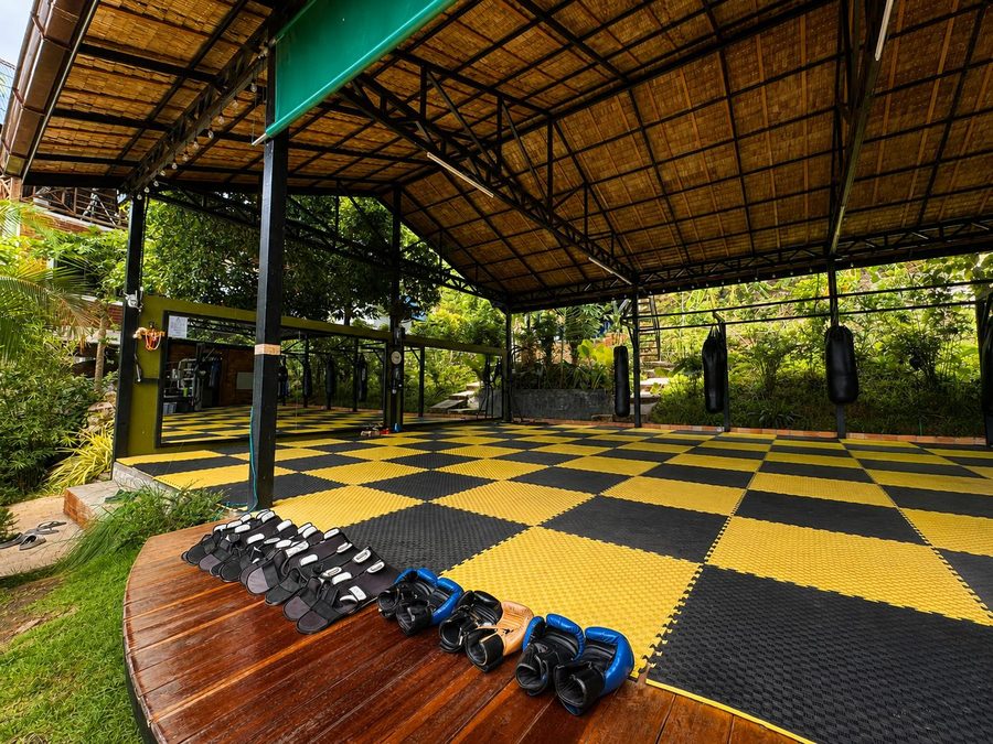 Training area with gloves lined up on the wooden deck